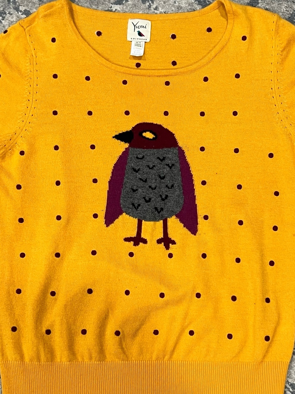 Women’s Yumi knit sweater polka dot pullover bird size medium - Picture 6 of 9